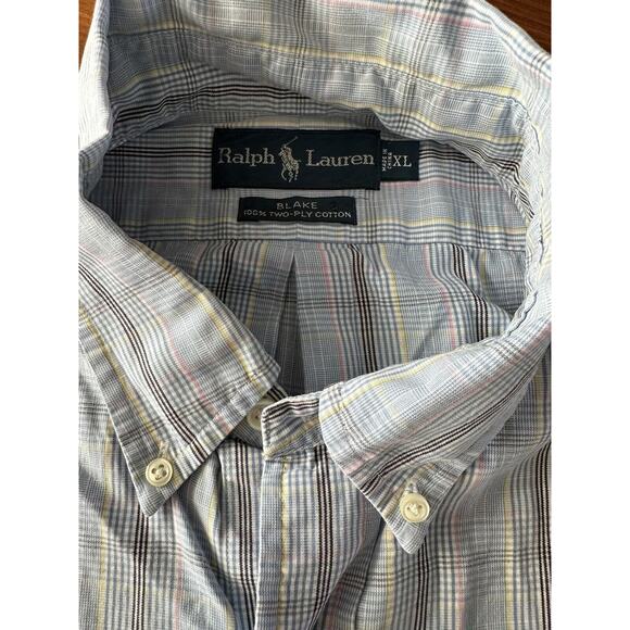 Ralph Lauren Men's Button Up Shirt, Blake XL Blue Plaid w/Pink &Yellow Navy Pony - Picture 6 of 10